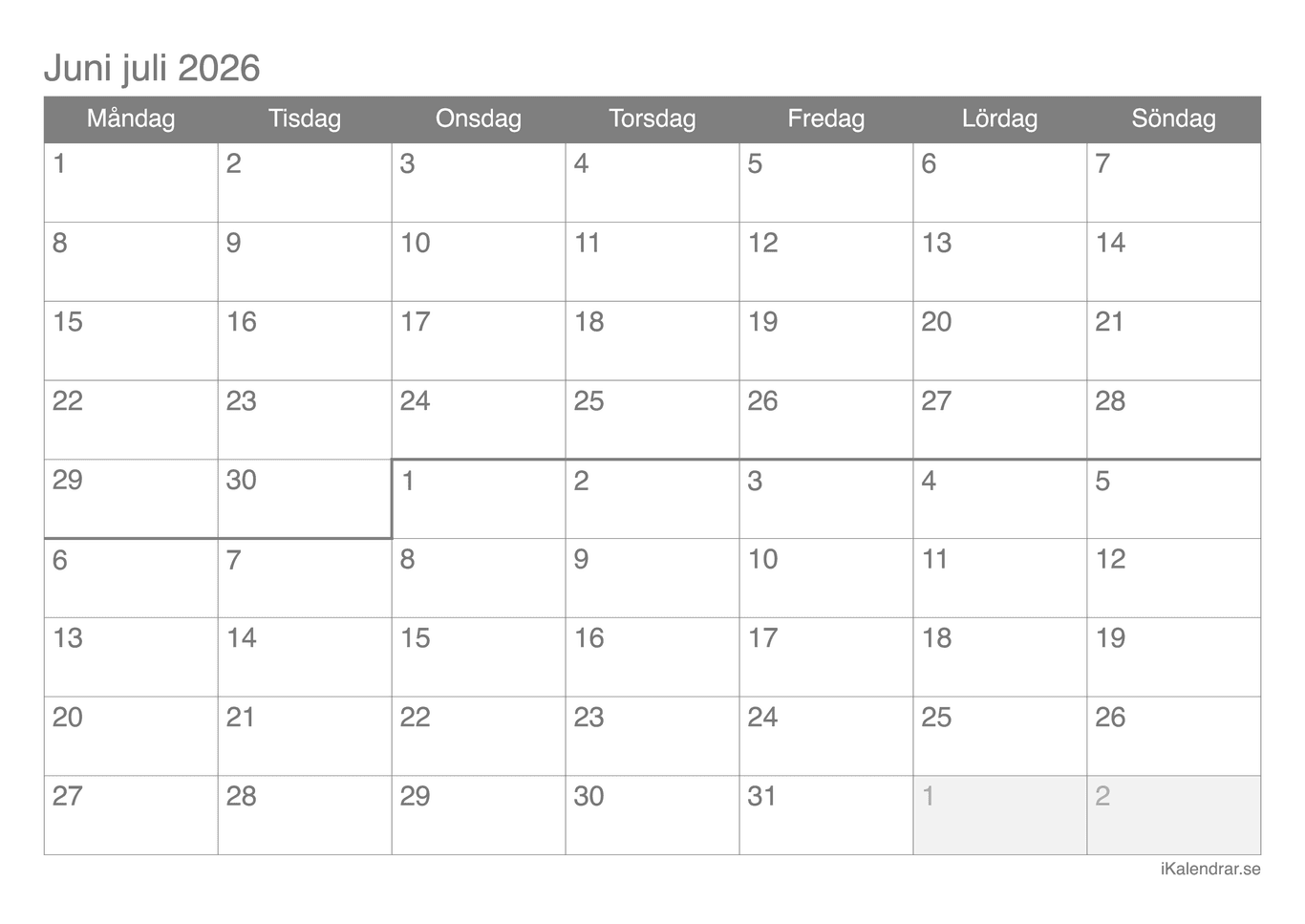 Månadskalender juni juli 2026