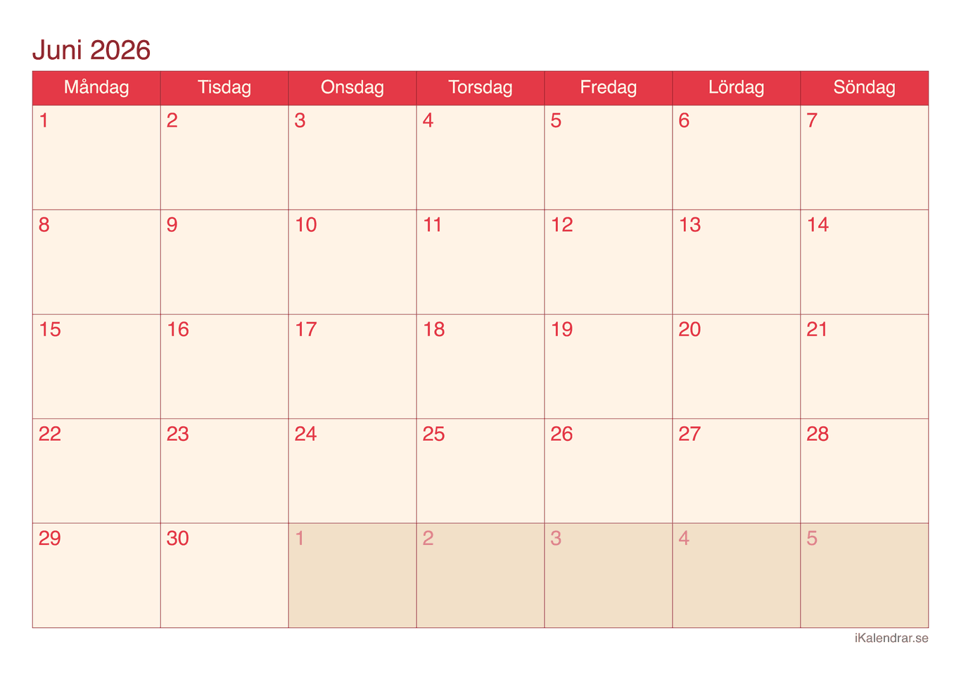 Månadskalender juni 2026 - Cherry