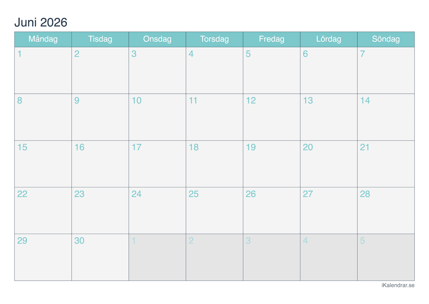 Månadskalender juni 2026 - Turkis
