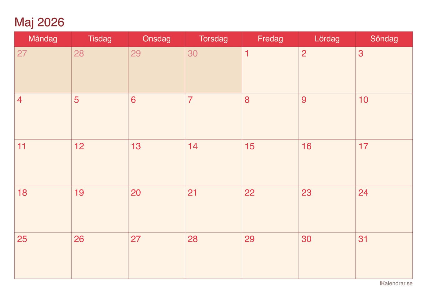 Månadskalender maj 2026 - Cherry