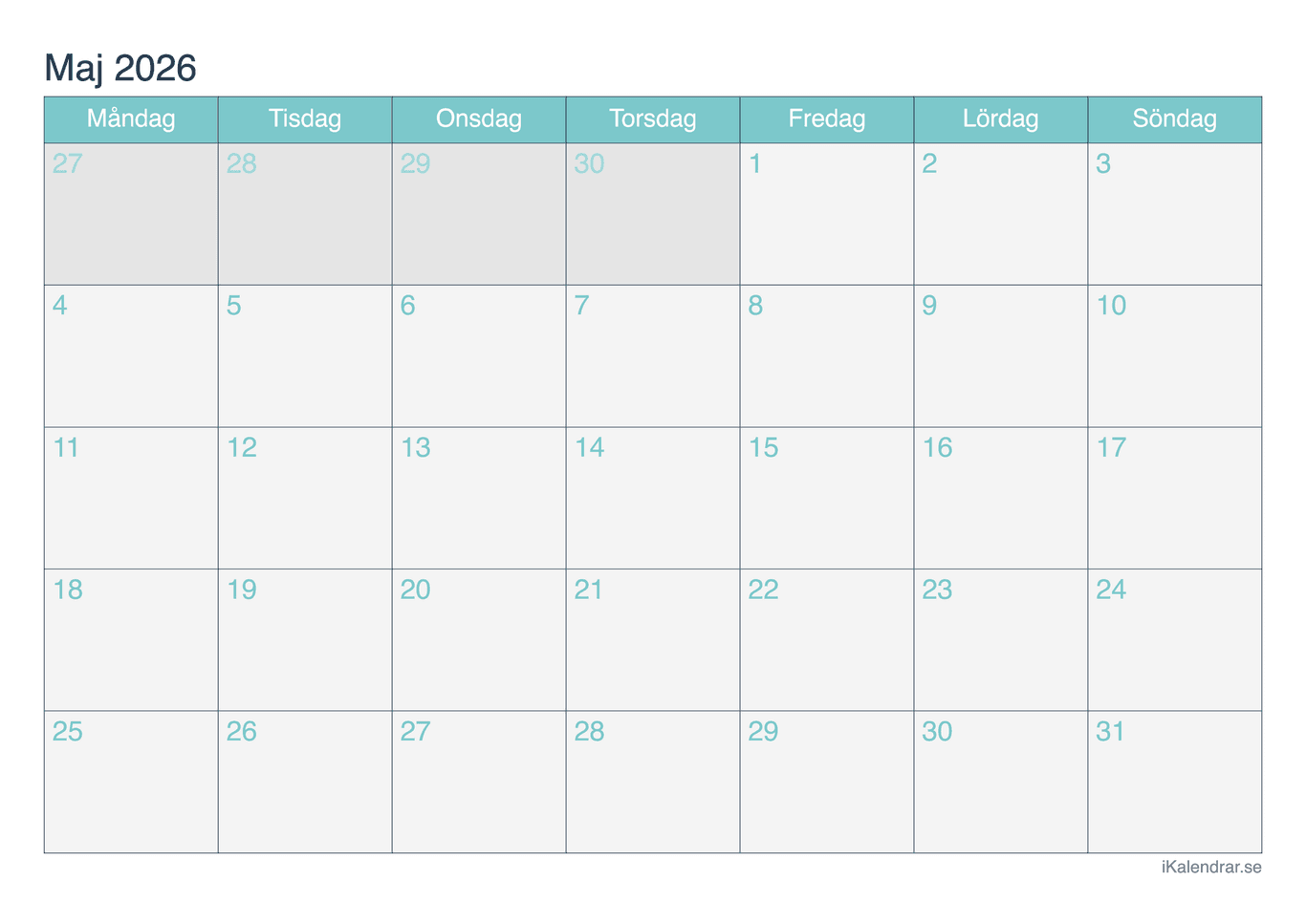 Månadskalender maj 2026 - Turkis