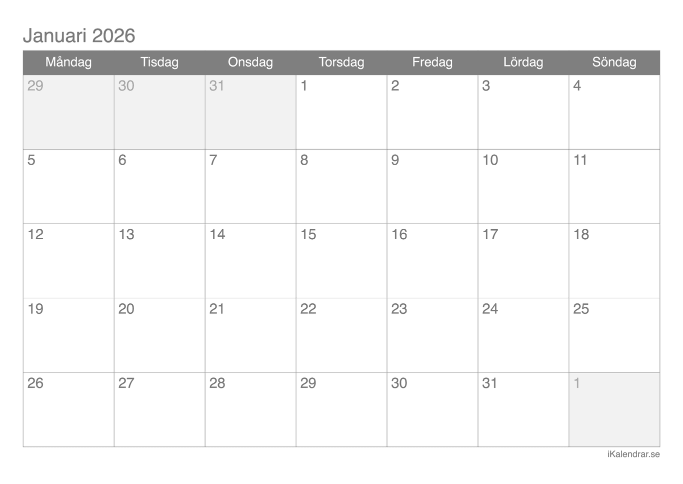 Månadskalender 2026