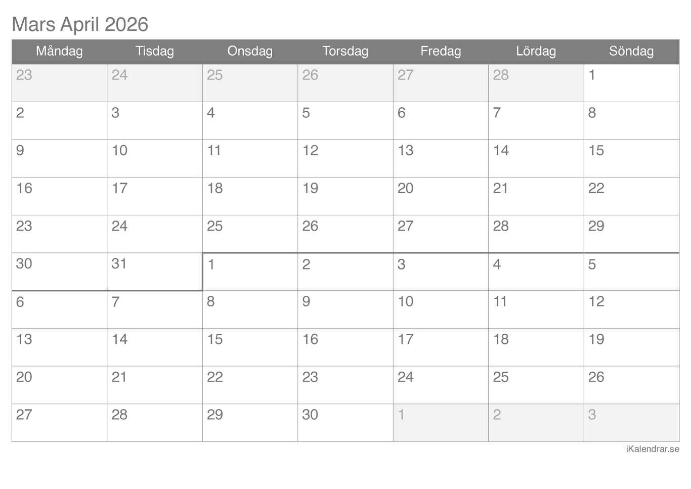 Månadskalender mars april 2026