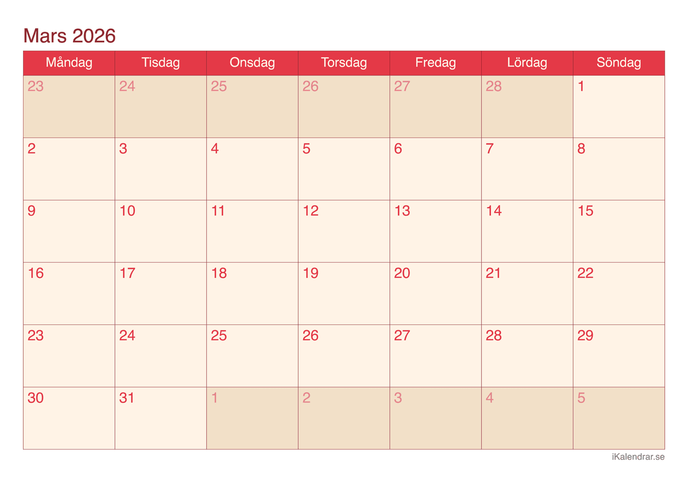 Månadskalender mars 2026 - Cherry