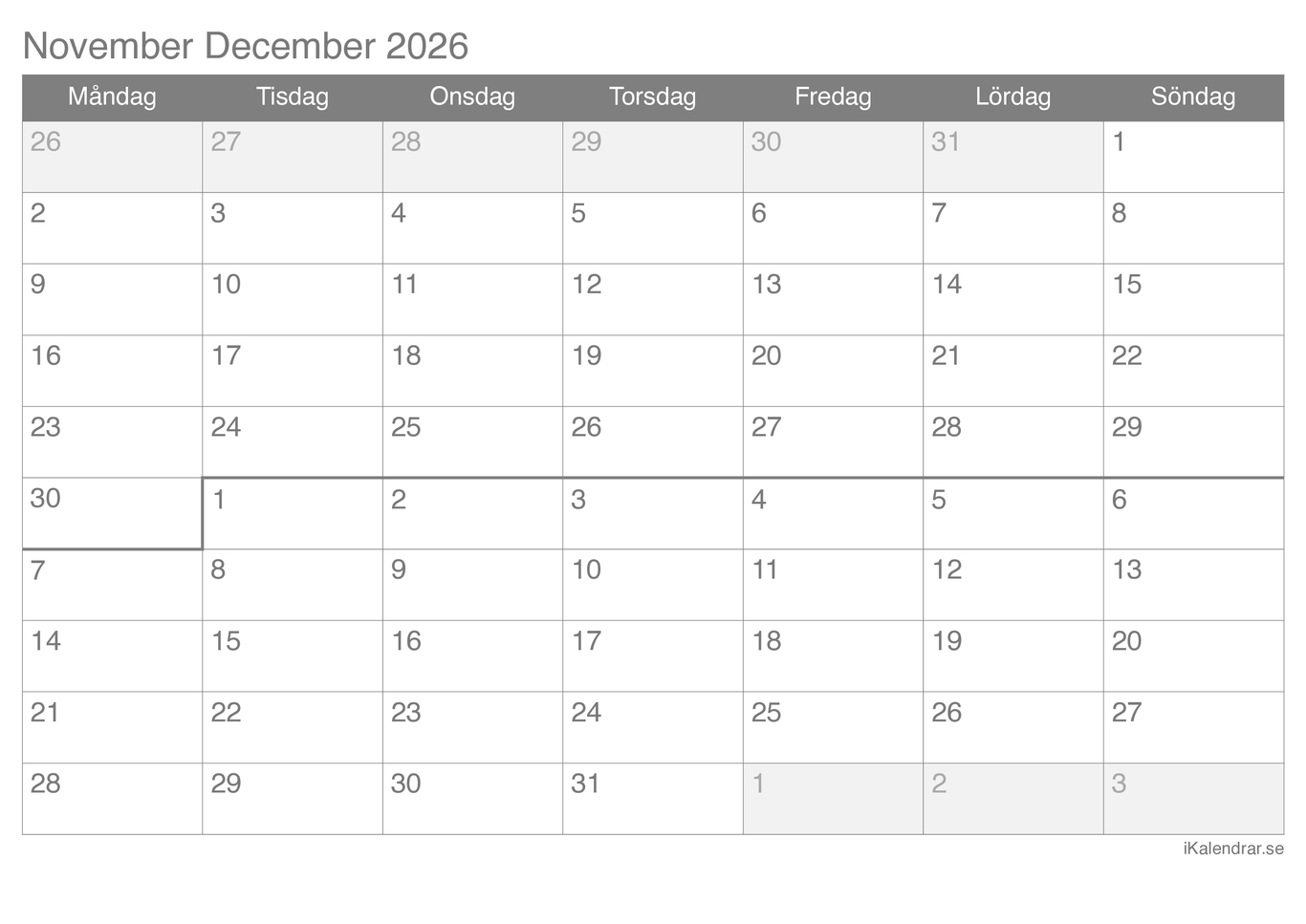 Månadskalender november december 2026