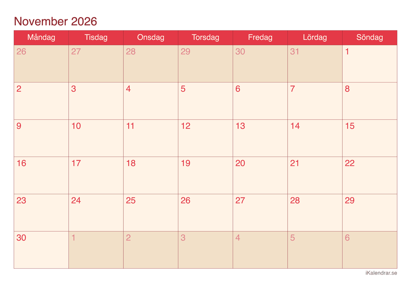Månadskalender november 2026 - Cherry