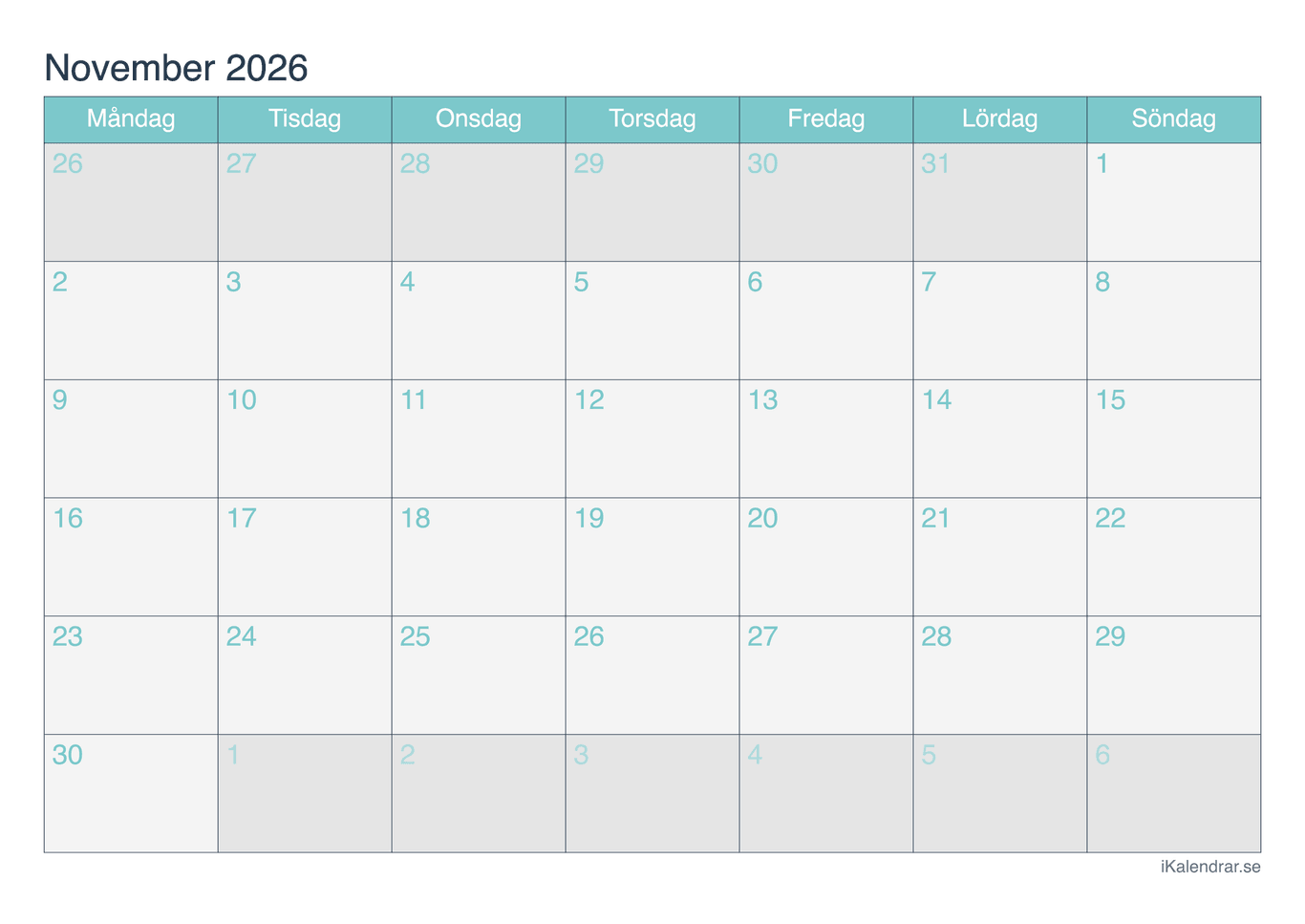 Månadskalender november 2026 - Turkis