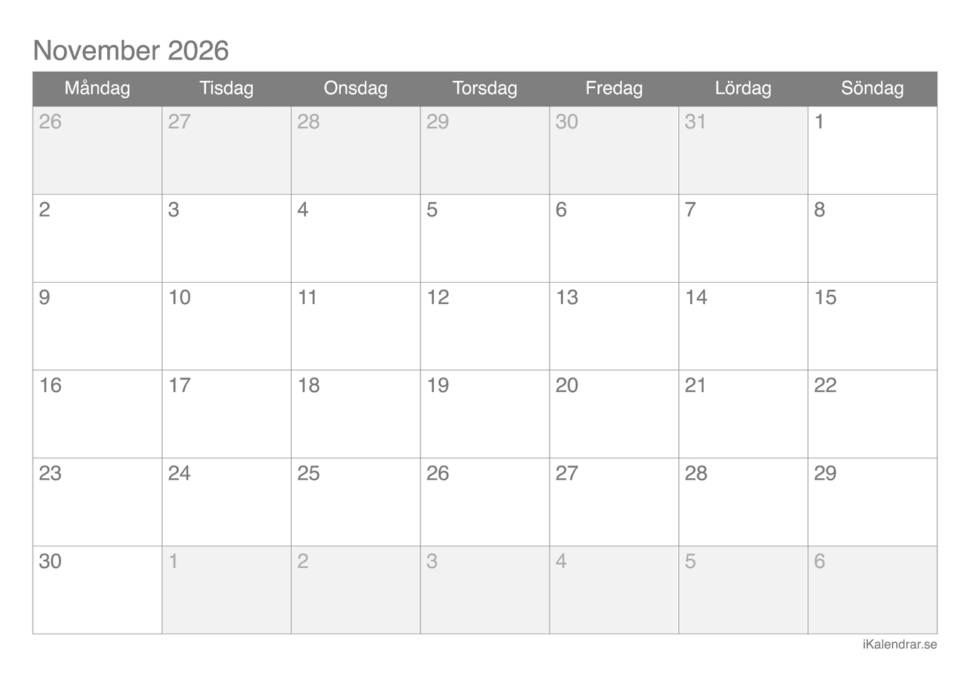 Månadskalender november 2026