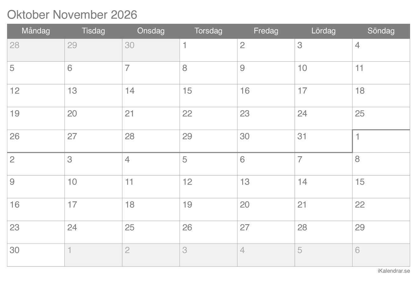 Månadskalender oktober november 2026