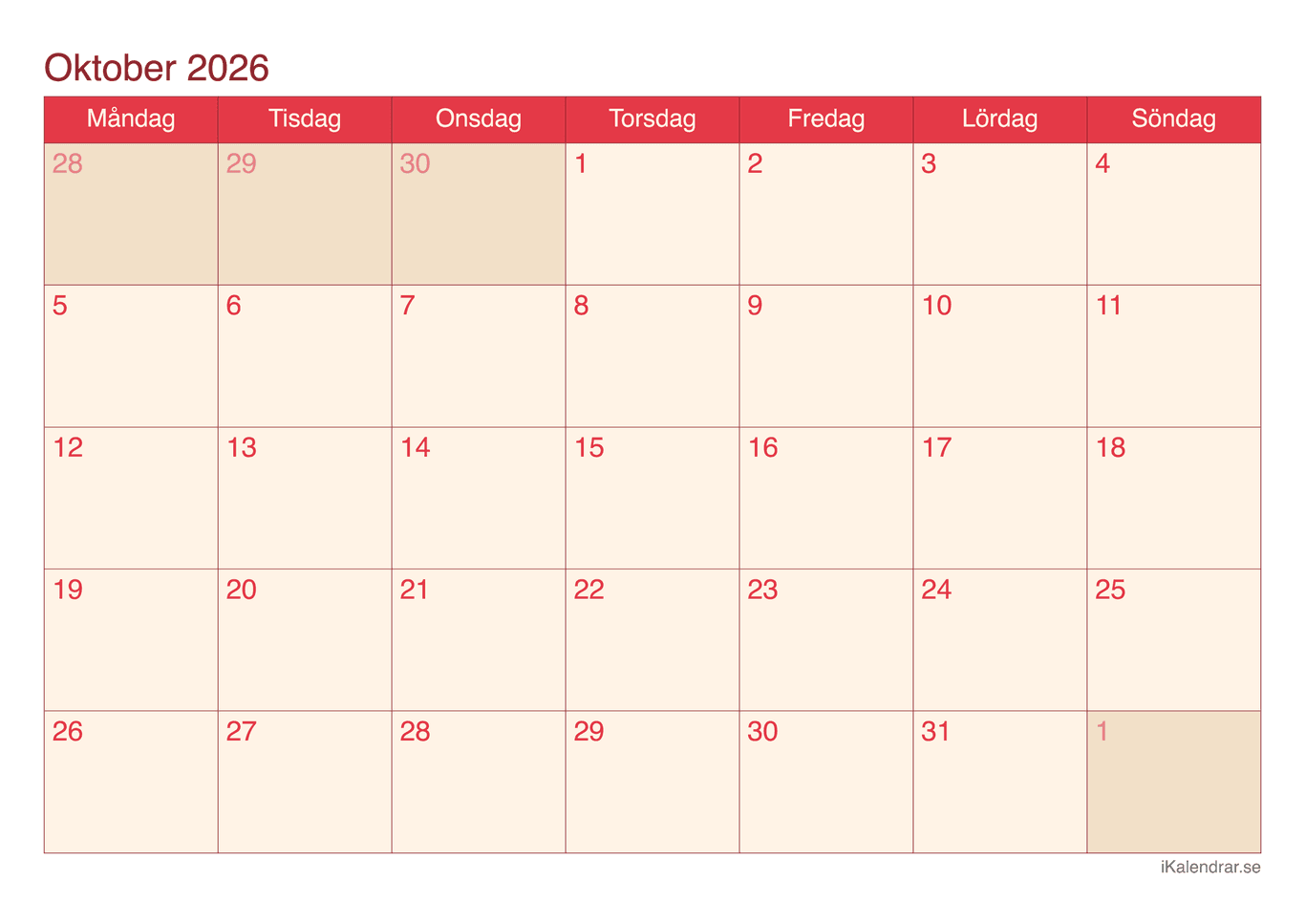 Månadskalender oktober 2026 - Cherry