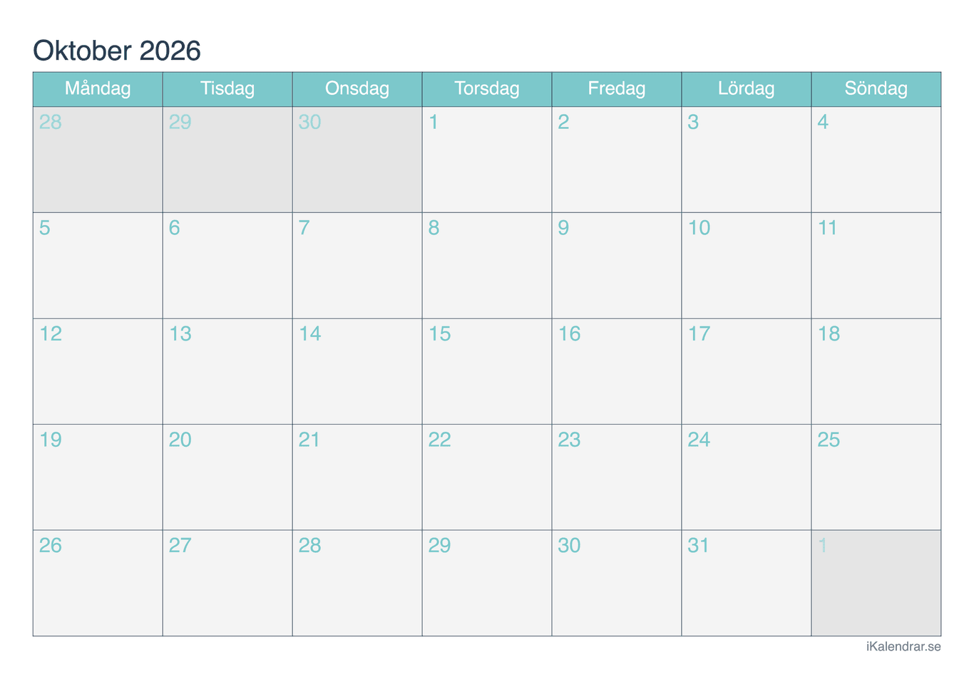 Månadskalender oktober 2026 - Turkis