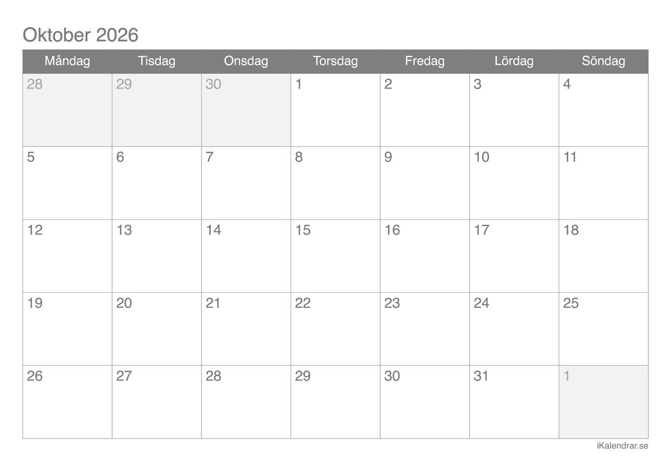 Månadskalender oktober 2026