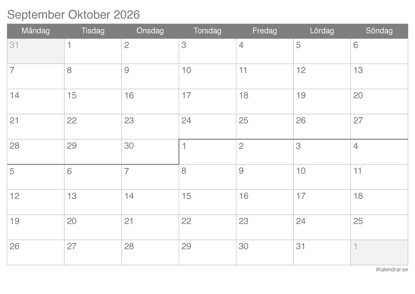 Månadskalender september oktober 2026