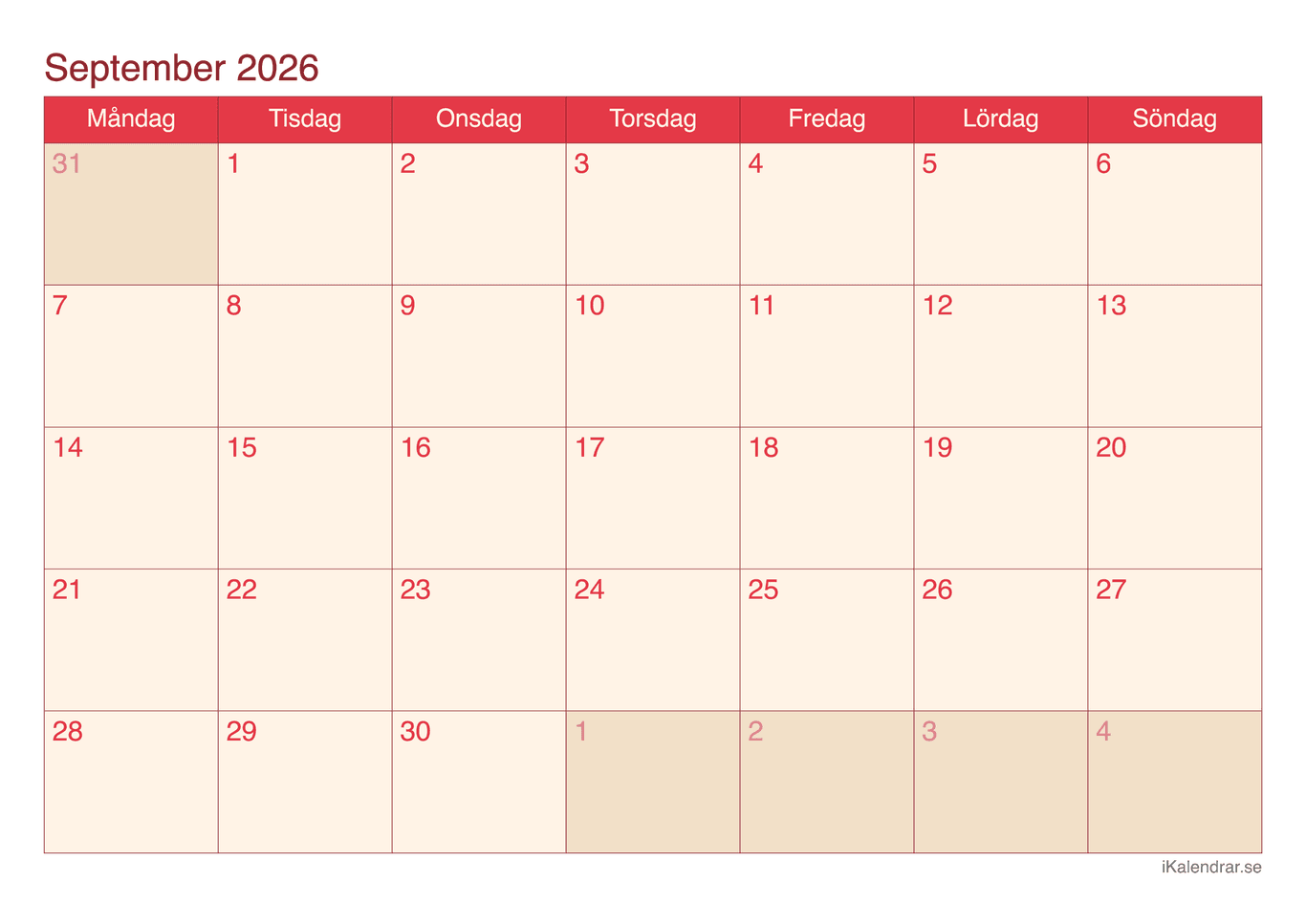 Månadskalender september 2026 - Cherry