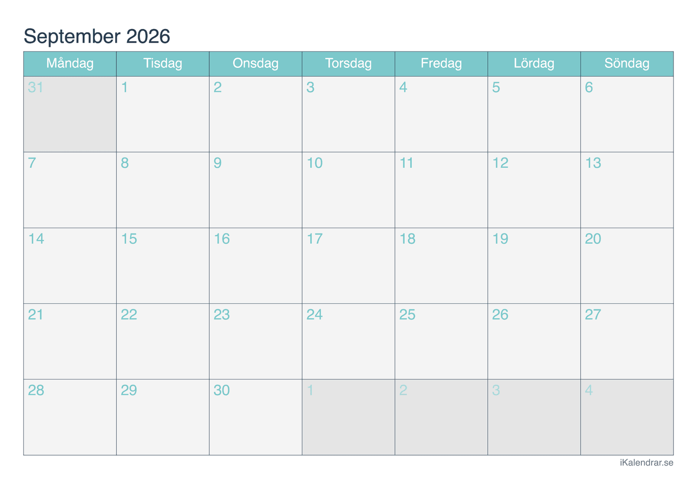 Månadskalender september 2026 - Turkis