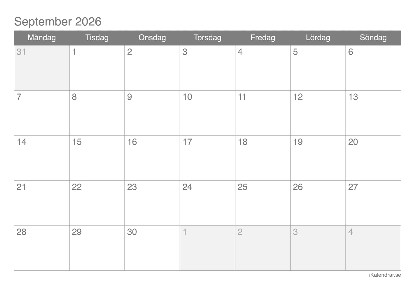 Månadskalender september 2026