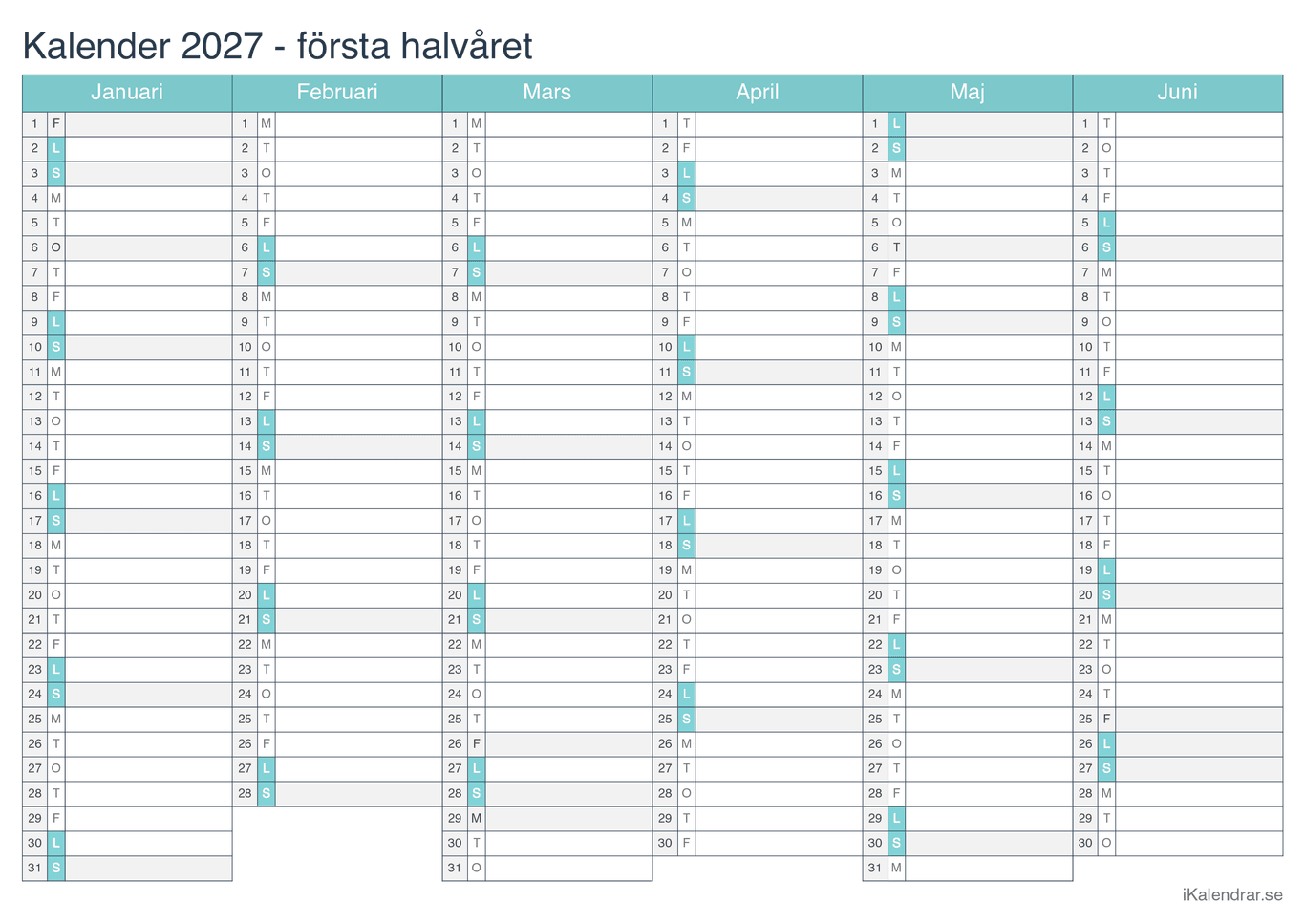 Halvårskalender 2027 - Turkis