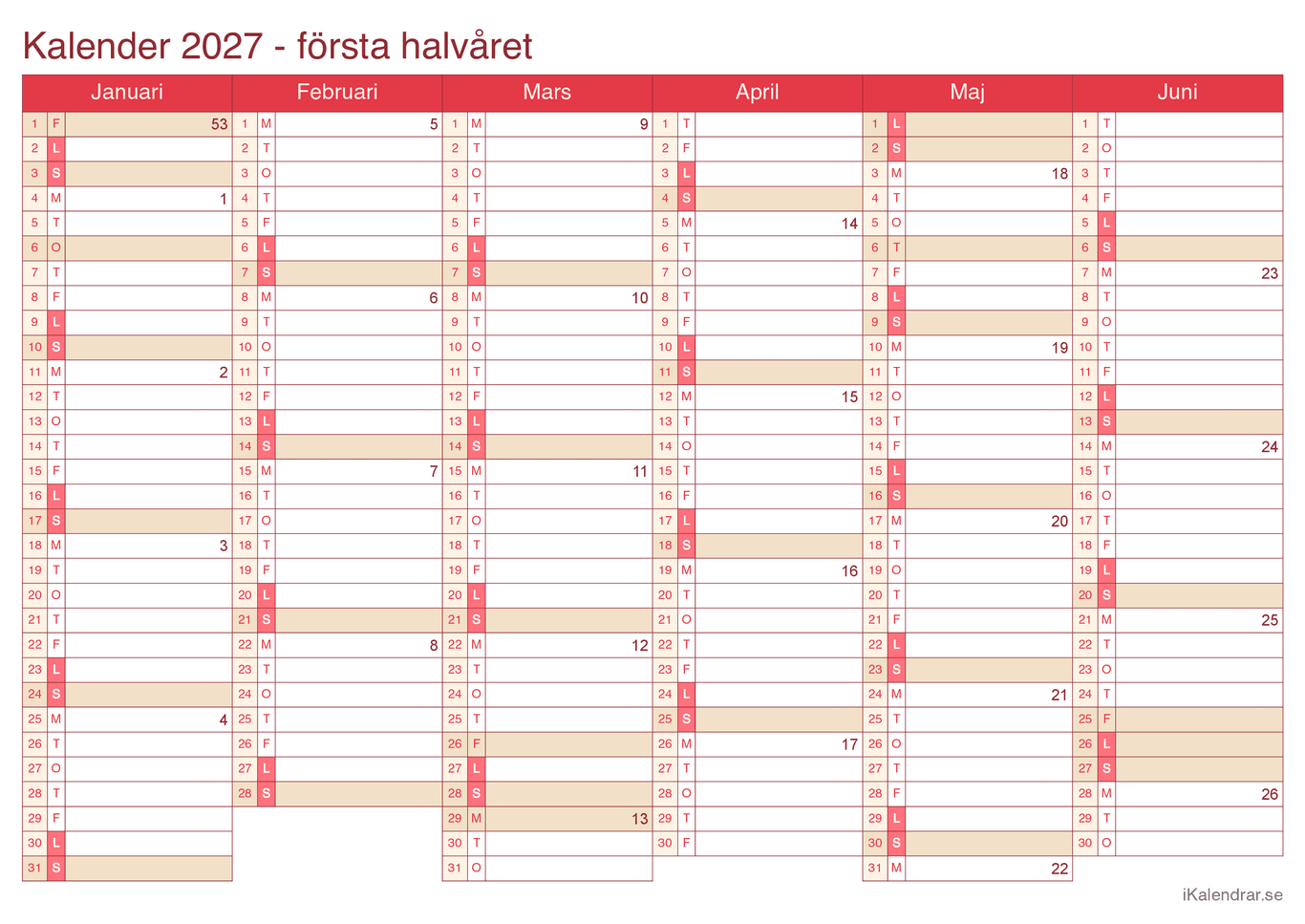 Halvårskalender med veckonummer 2027 - Cherry