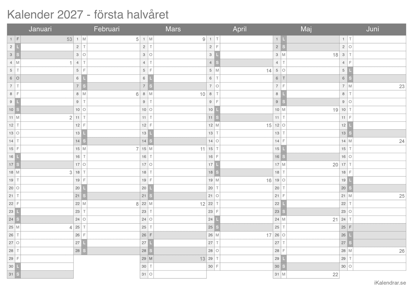 Halvårskalender med veckonummer 2027
