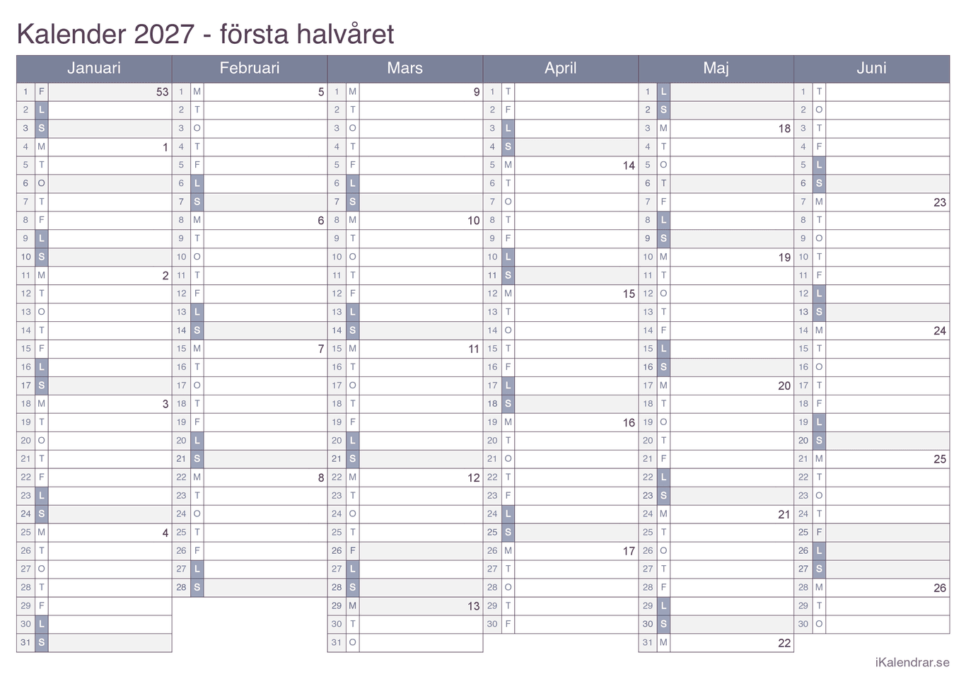 Halvårskalender med veckonummer 2027 - Office