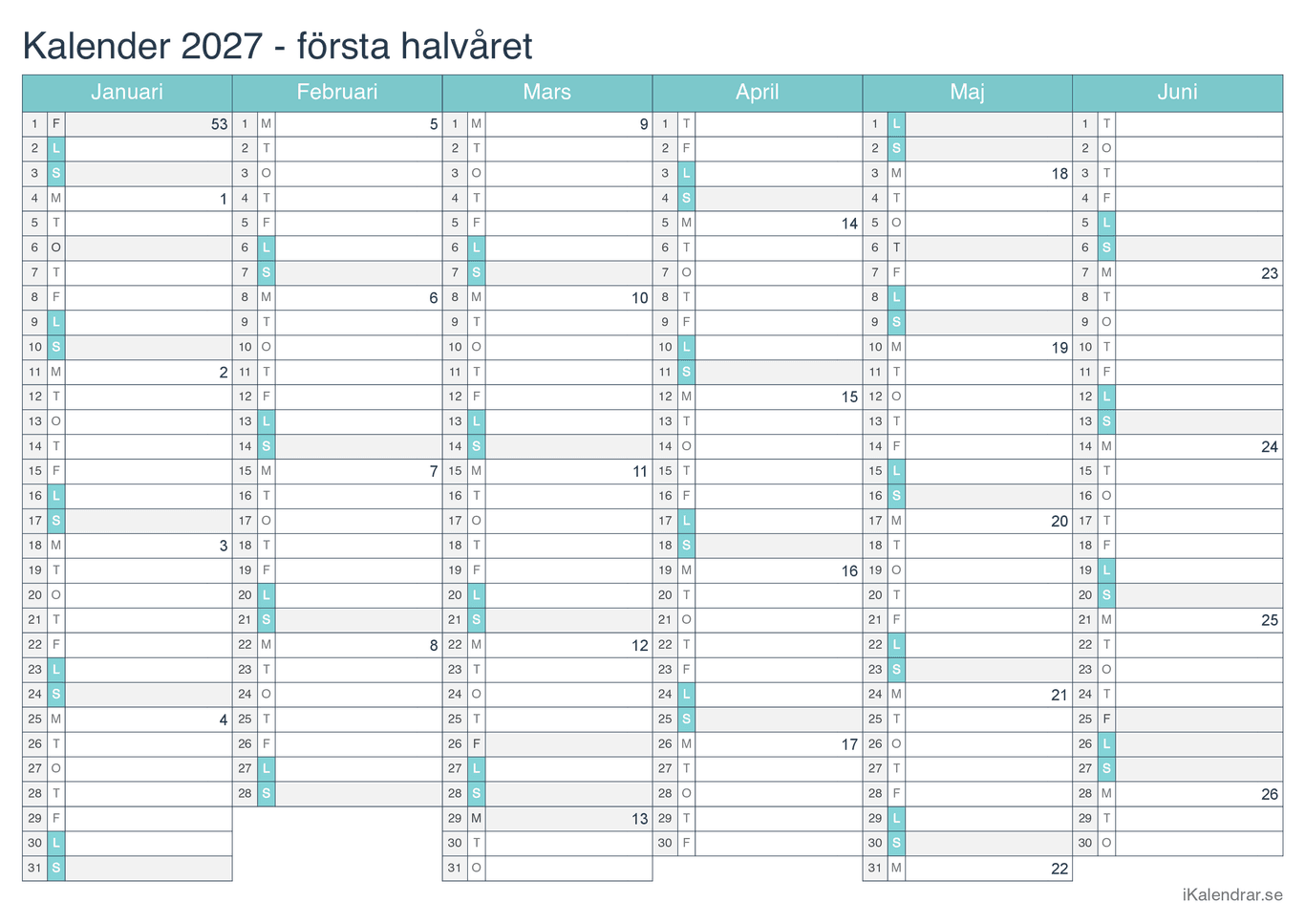 Halvårskalender med veckonummer 2027 - Turkis