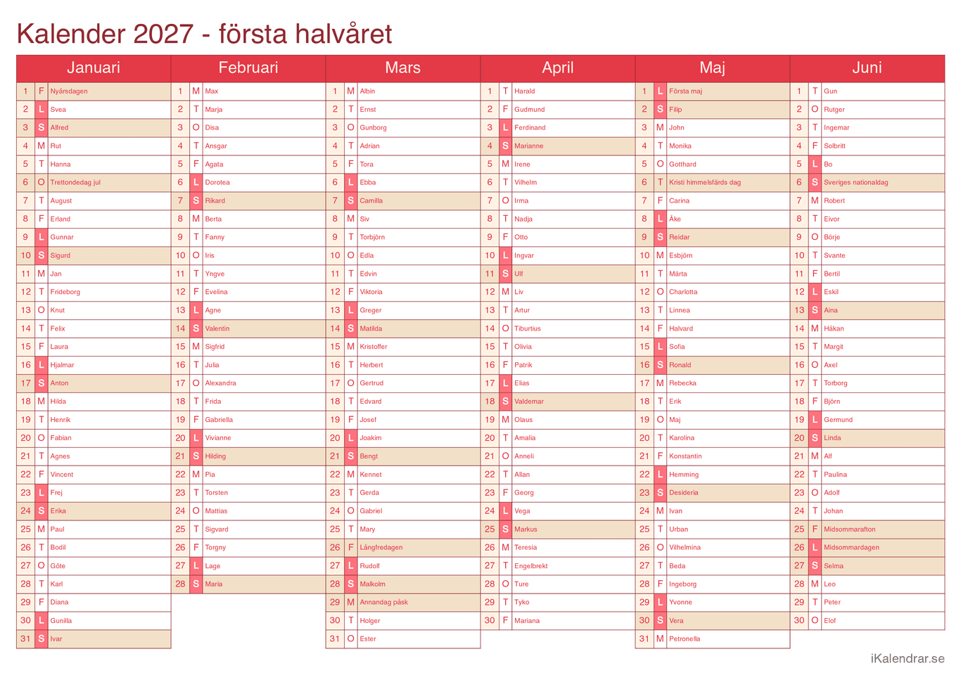 Halvårskalender 2027 med dagens fest - Cherry