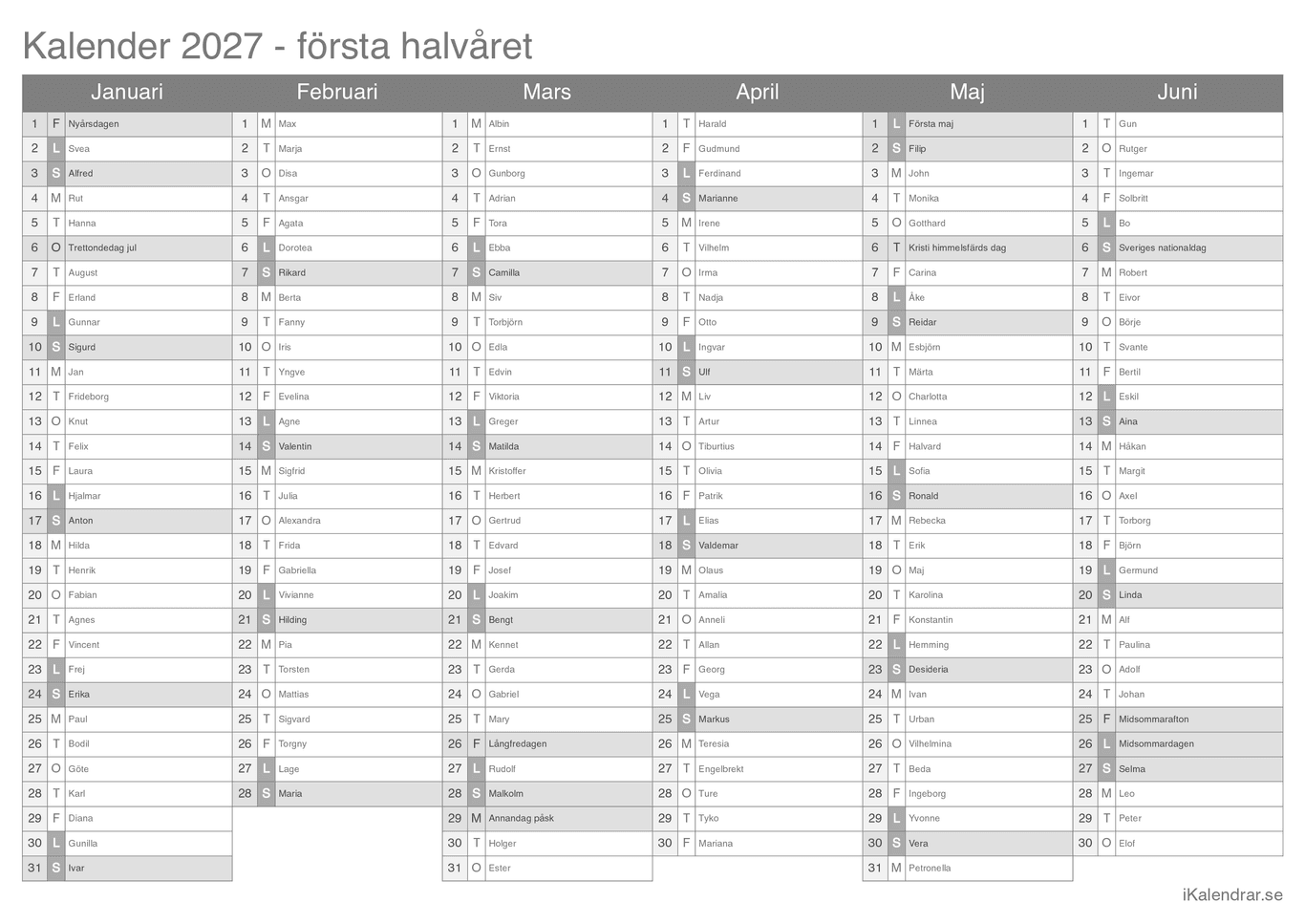Halvårskalender 2027 med dagens fest