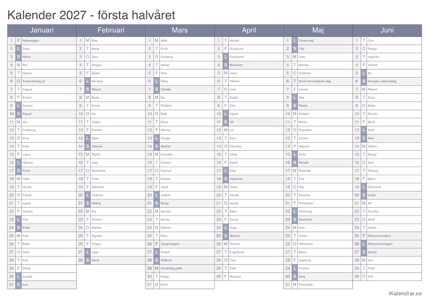 Halvårskalender 2027 med dagens fest - Office