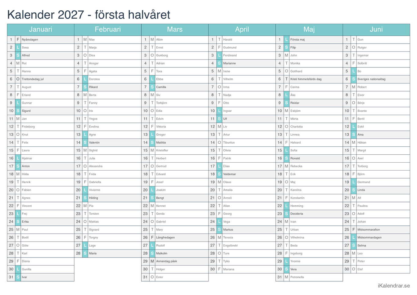 Halvårskalender 2027 med dagens fest - Turkis