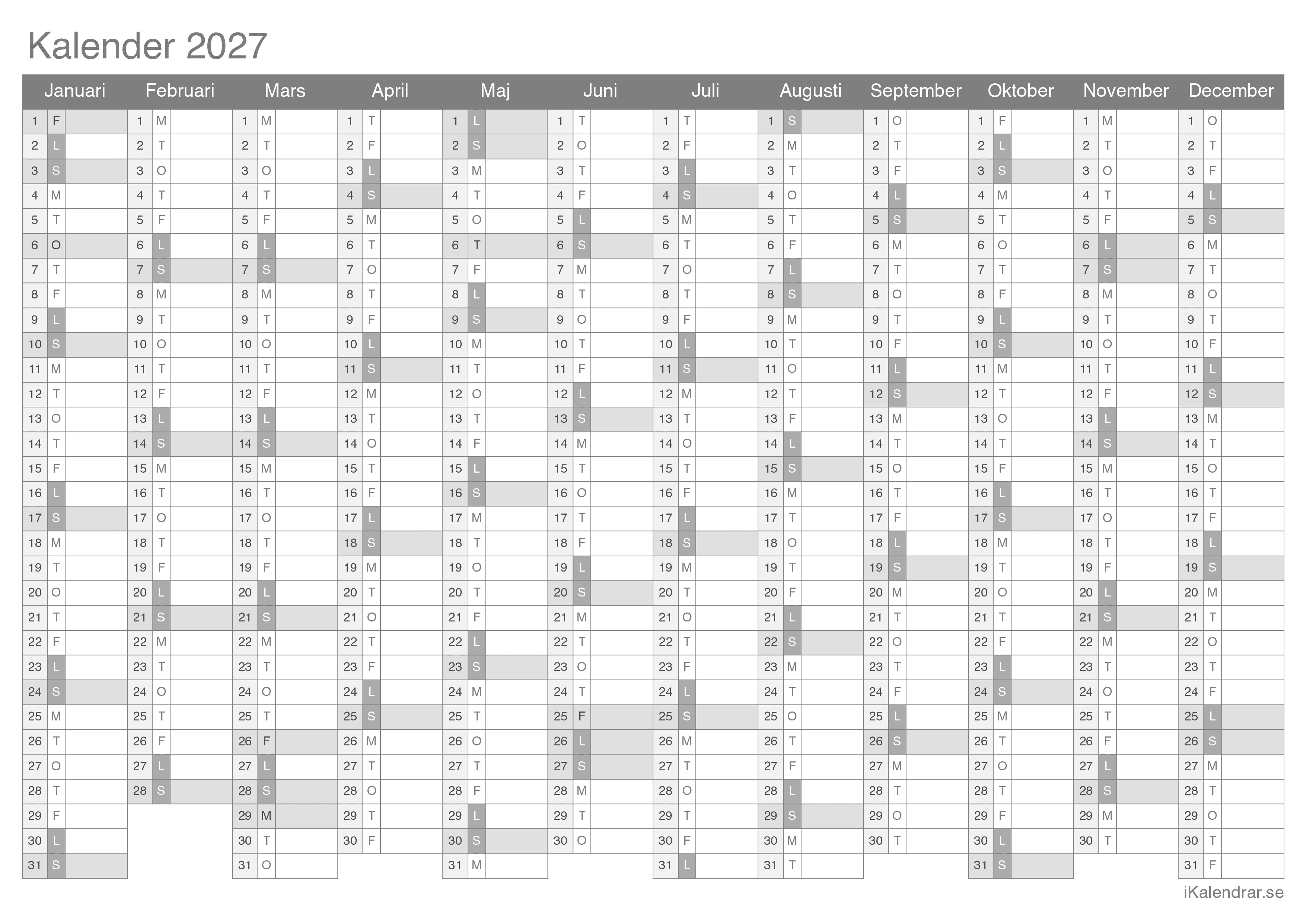Årskalender 2027