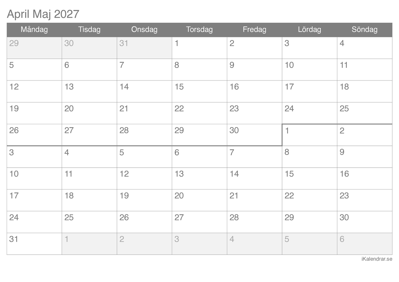 Månadskalender april maj 2027