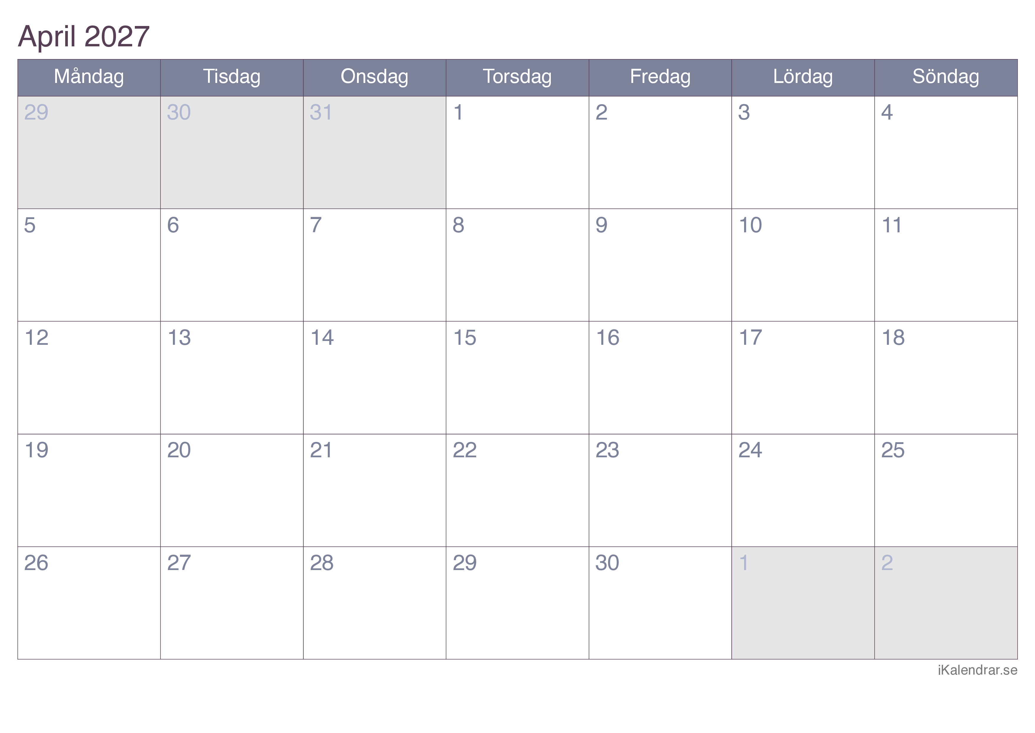 M nadskalender F r April 2027 Som r Utskrivbar