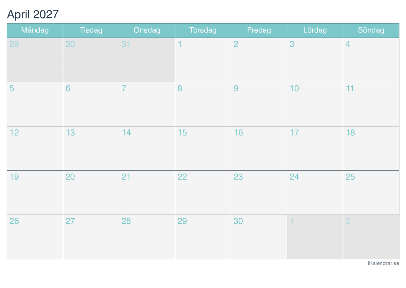 Månadskalender april 2027 - Turkis