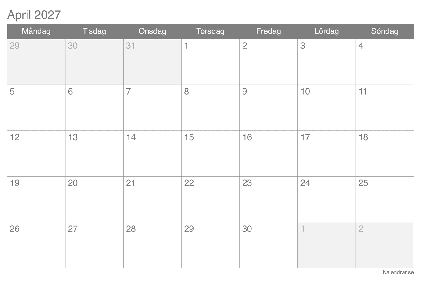 Månadskalender april 2027