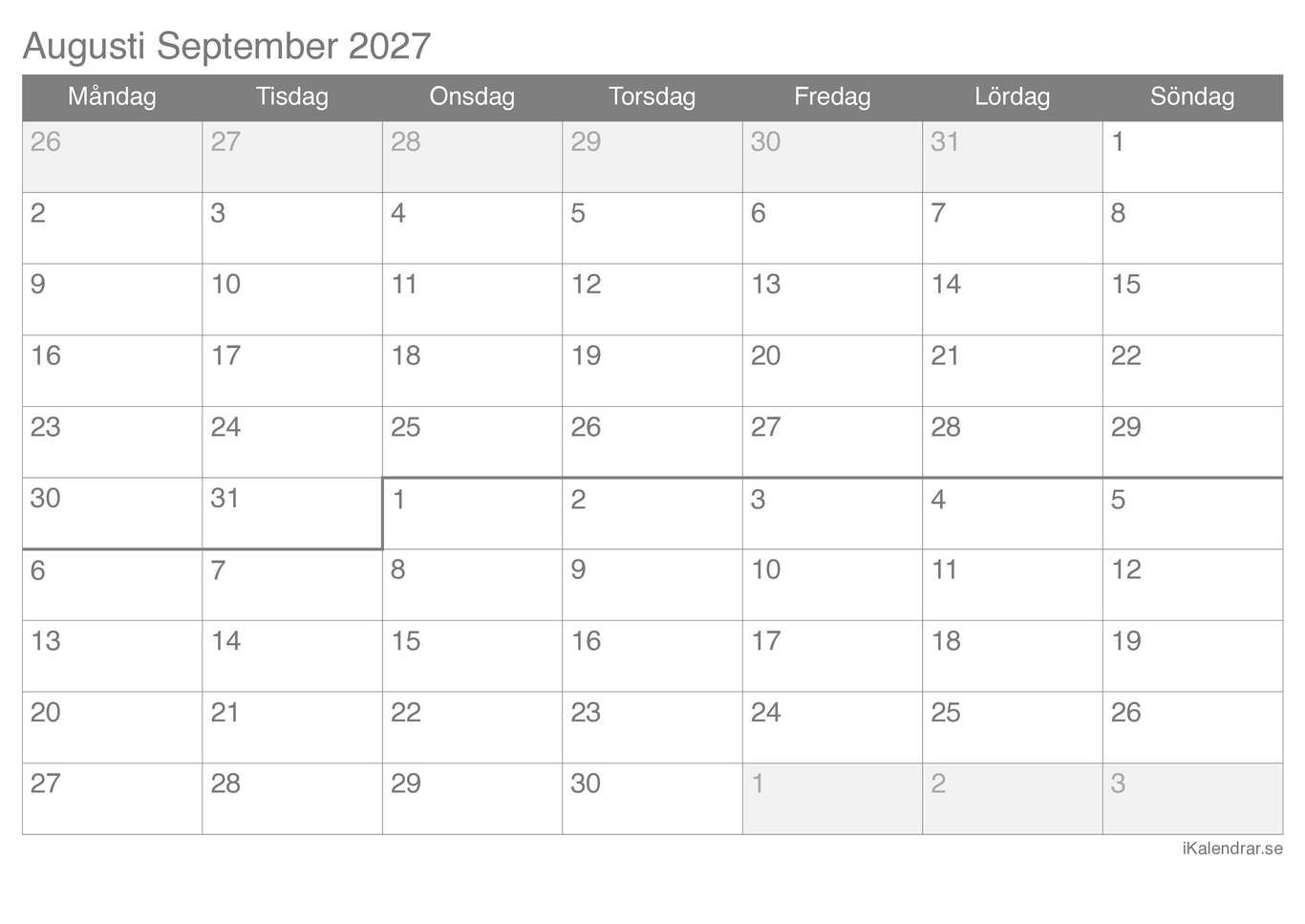 Månadskalender augusti september 2027