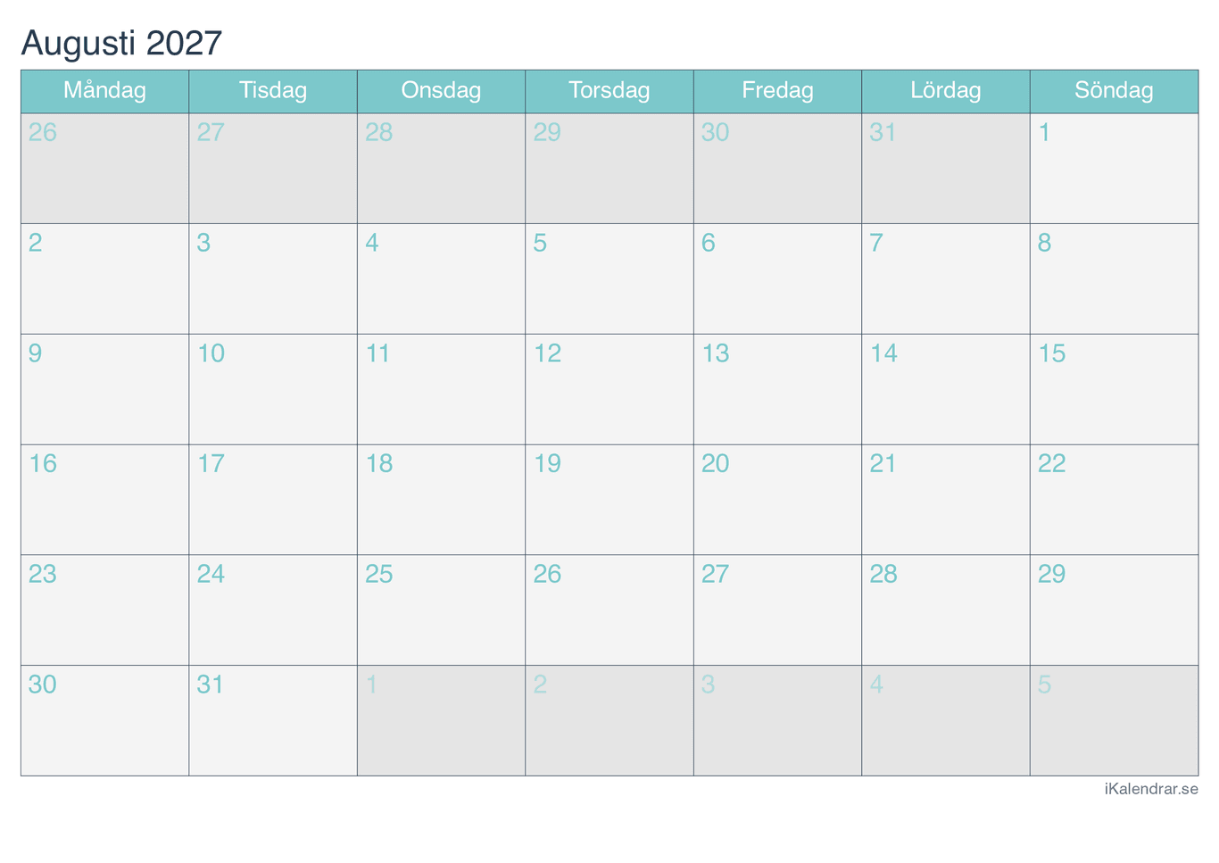 Månadskalender augusti 2027 - Turkis