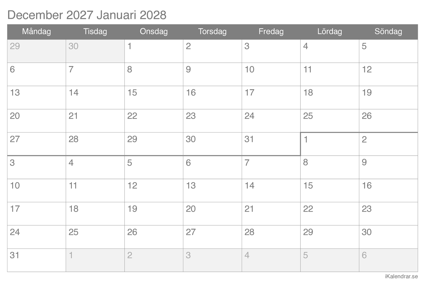 Månadskalender december januari 2027