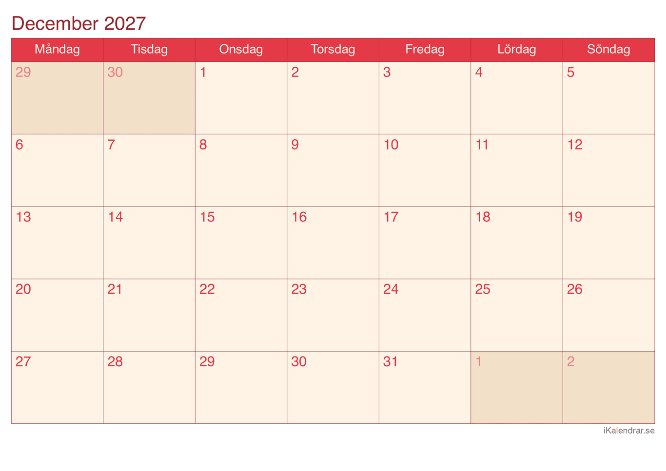 Månadskalender december 2027 - Cherry
