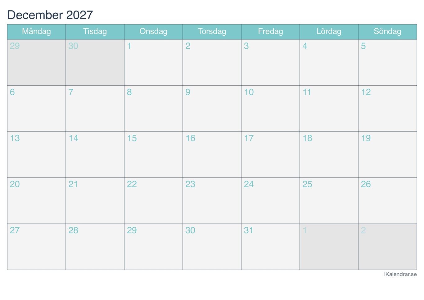 Månadskalender december 2027 - Turkis