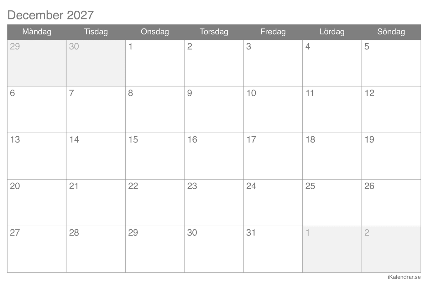 Månadskalender december 2027