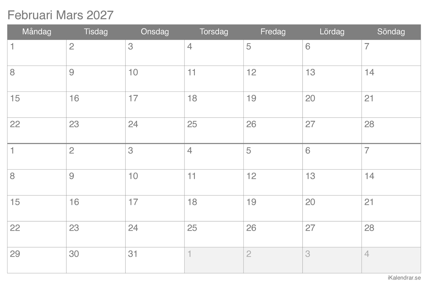 Månadskalender februari mars 2027