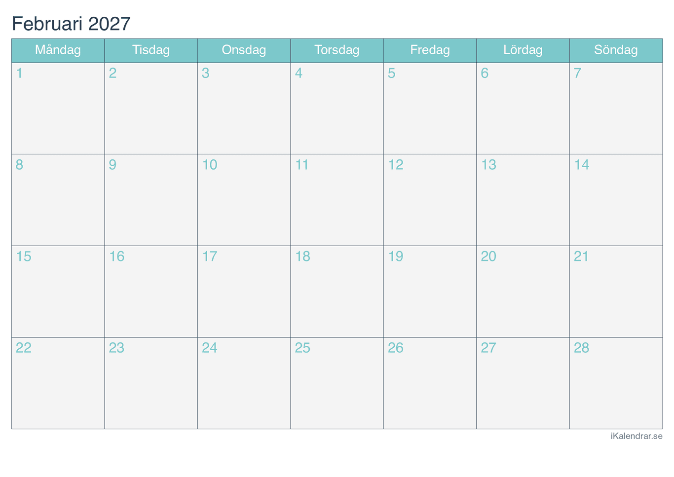 Månadskalender februari 2027 - Turkis