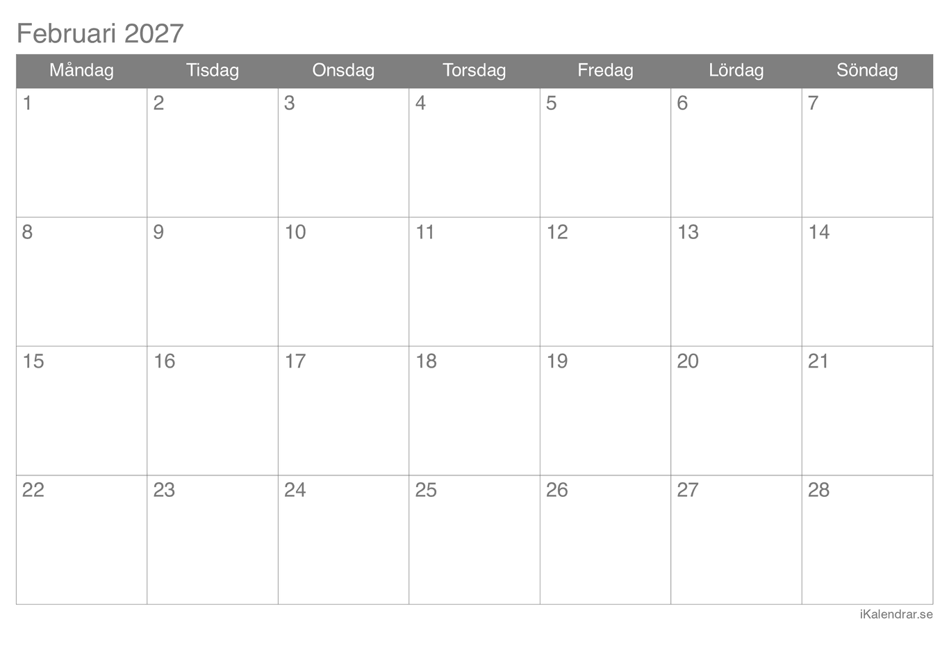 Månadskalender februari 2027