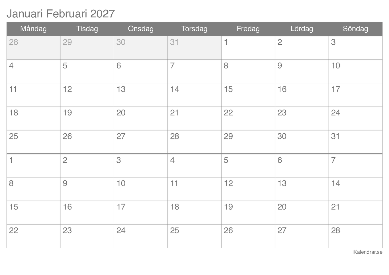 Månadskalender januari februari 2027