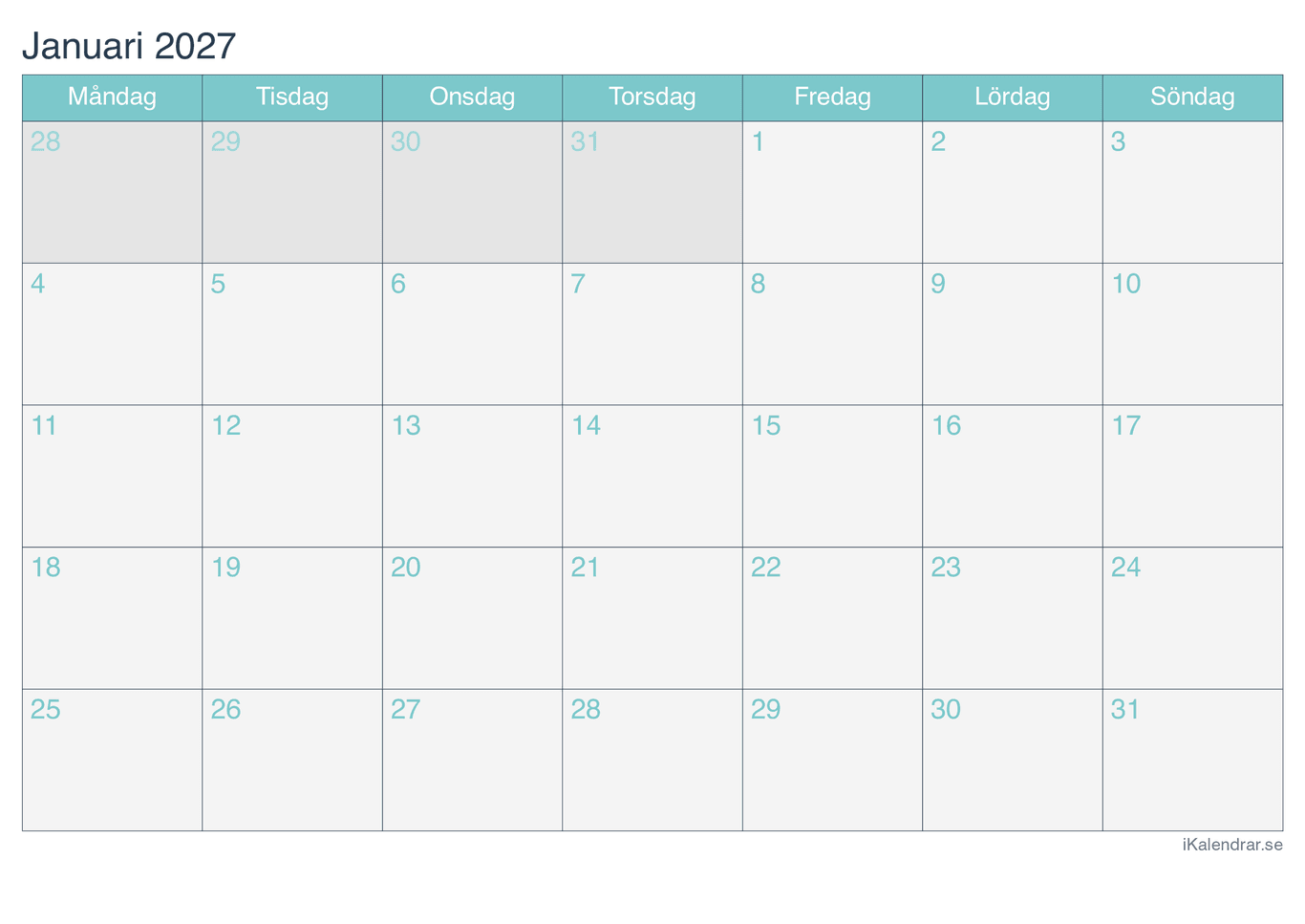 Månadskalender januari 2027 - Turkis