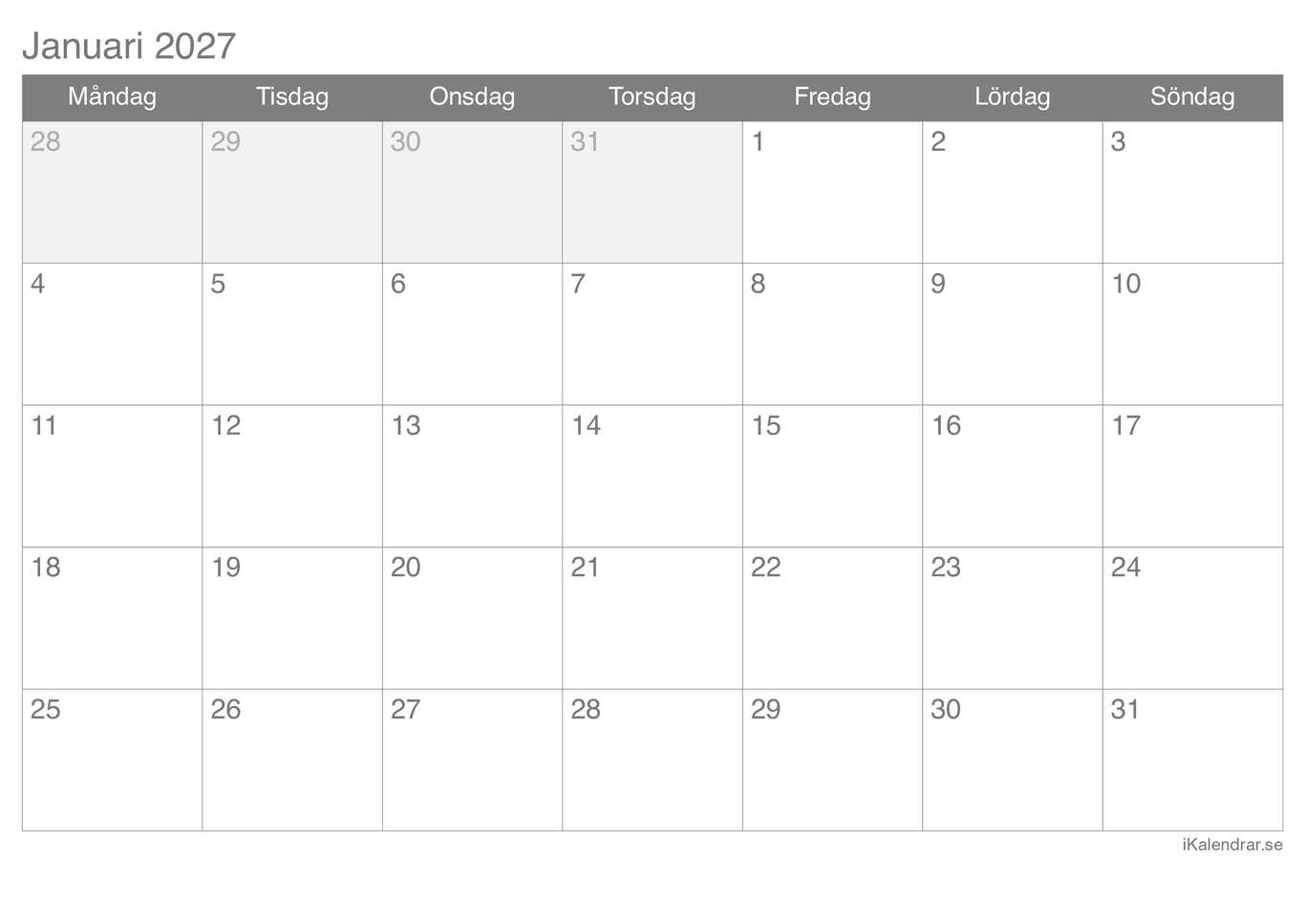Månadskalender januari 2027