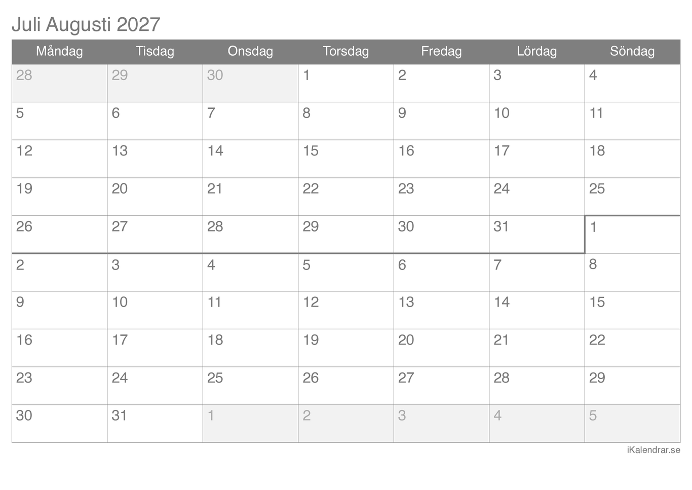 Månadskalender juli augusti 2027