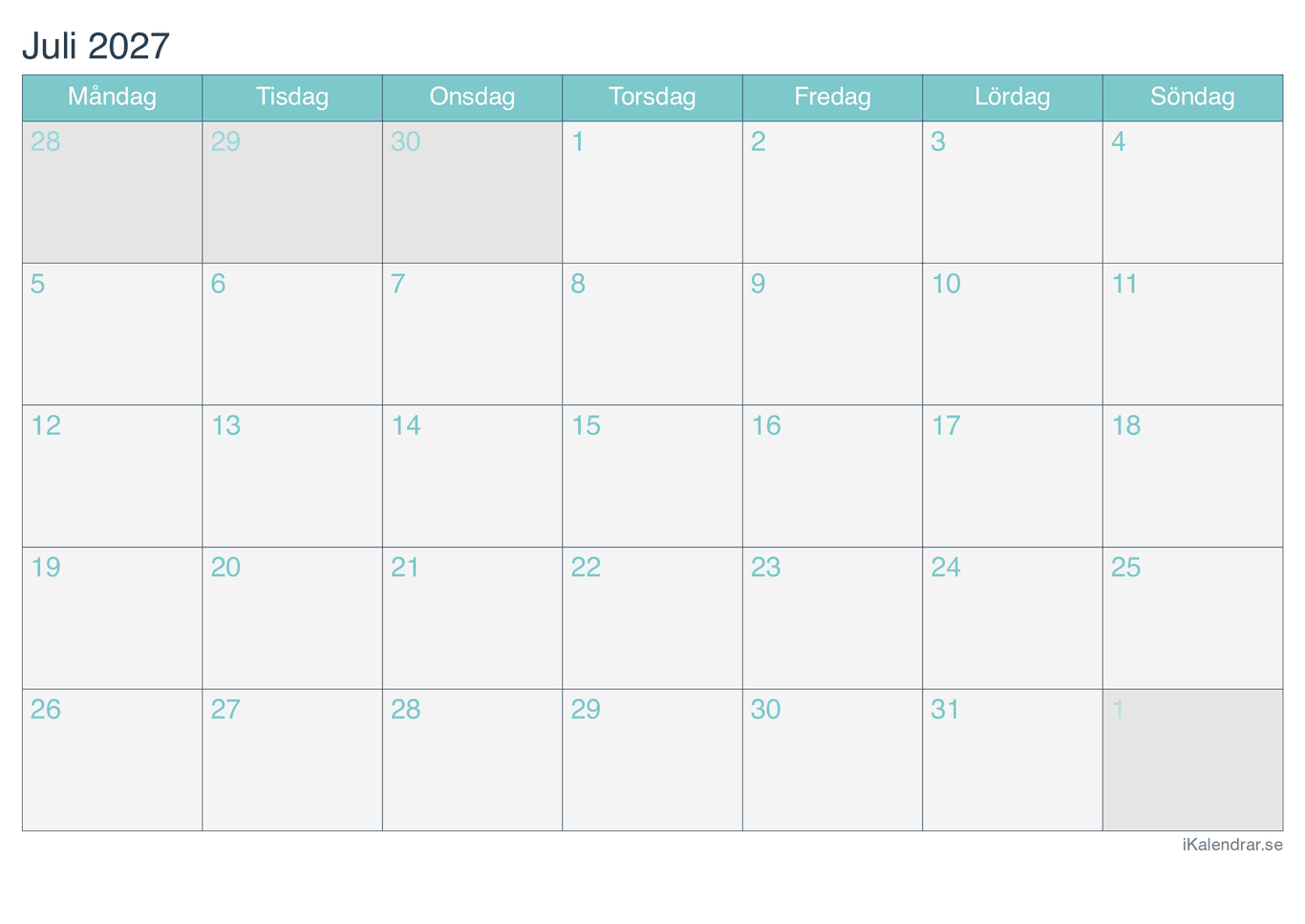 Månadskalender juli 2027 - Turkis
