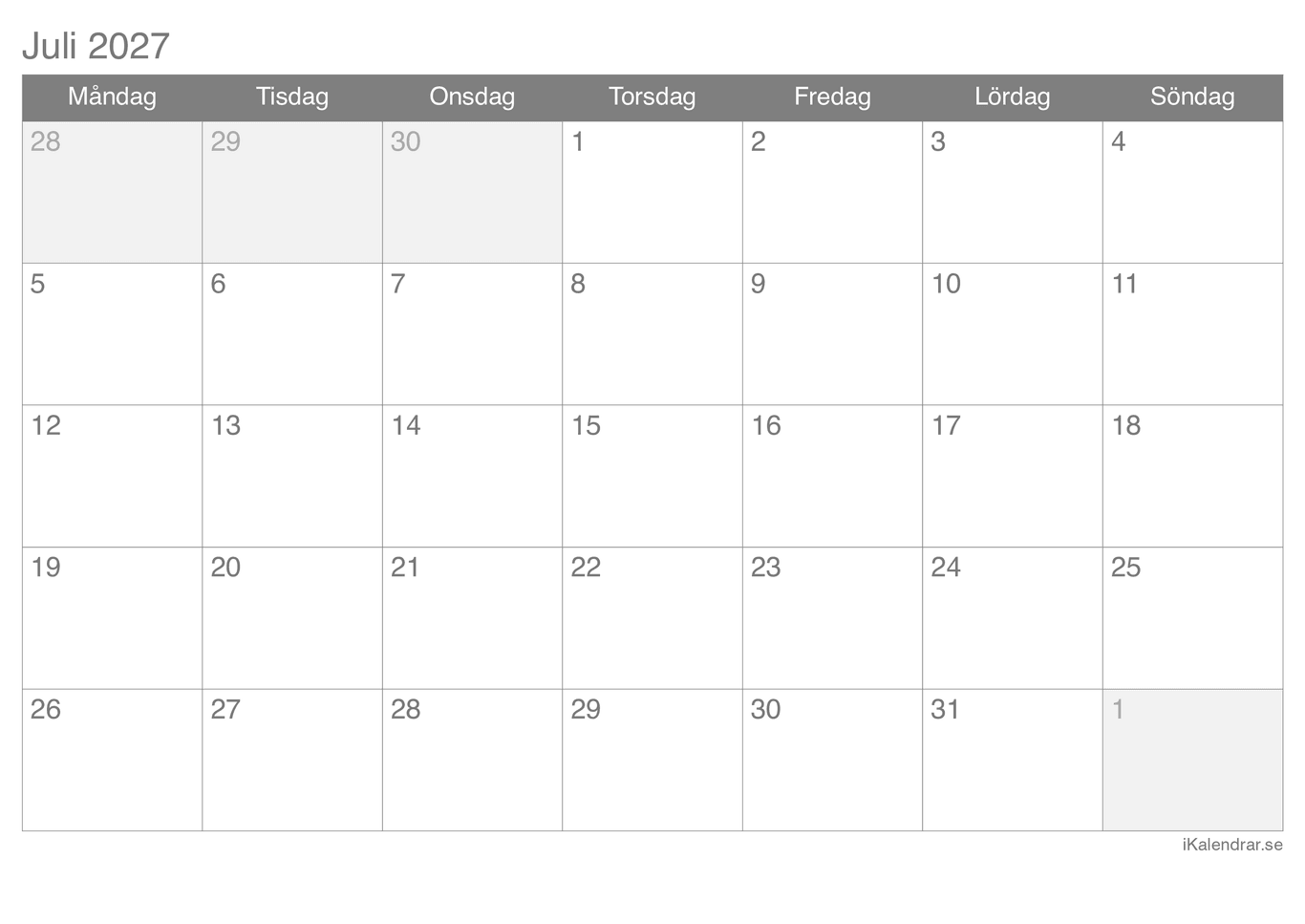 Månadskalender juli 2027