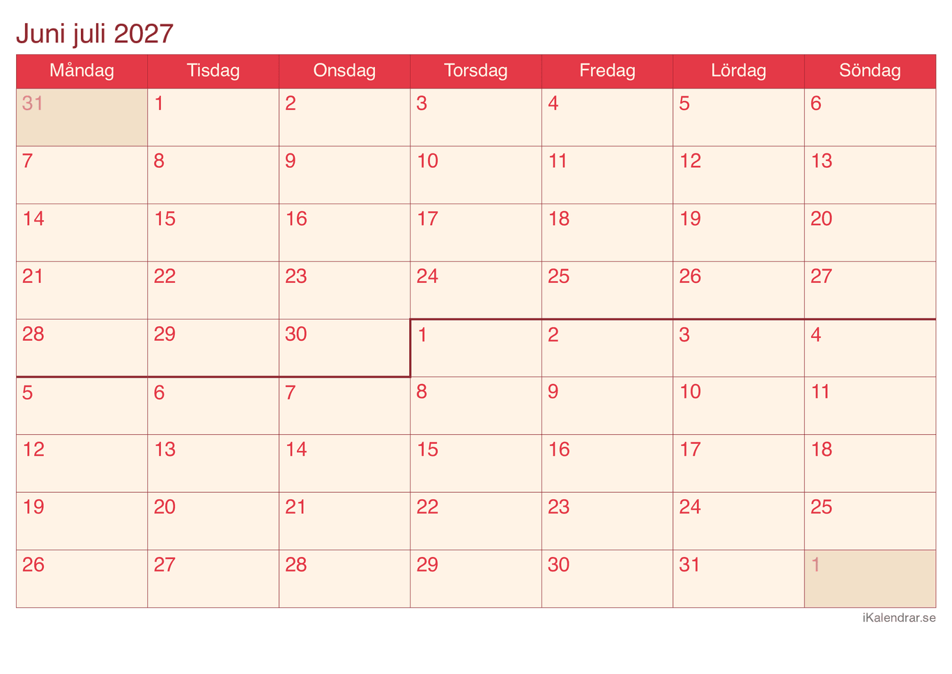 Månadskalender juni juni 2027 - Cherry